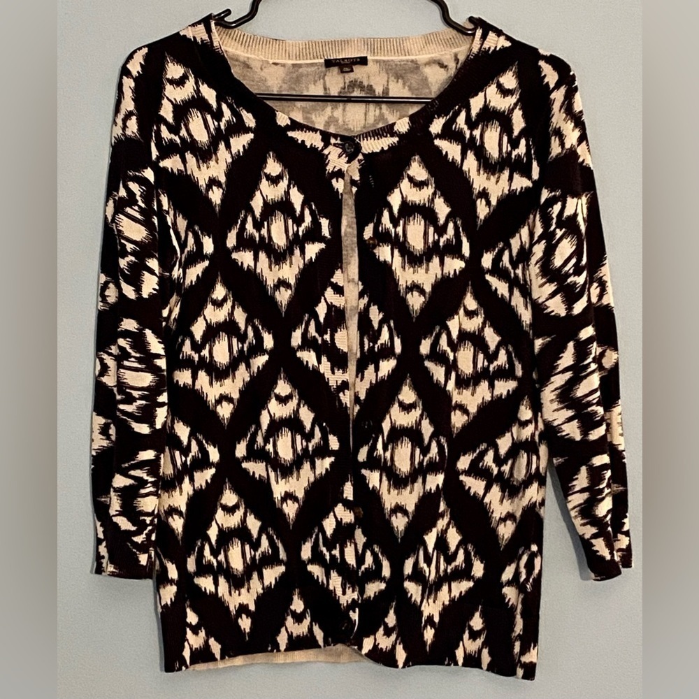 Talbots Cardigan Womens Medium Petite Sweater 3/4 Sleeve Black Beige